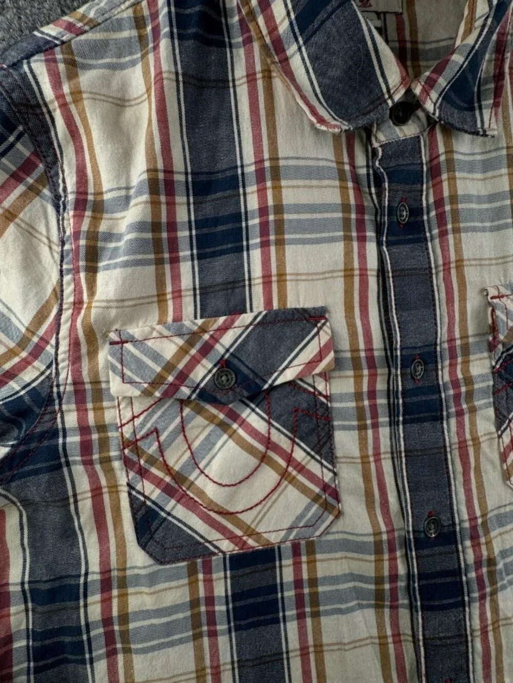 True Religion Long Sleeve Plaid Button Up Shirt Men Small Pockets Cotton Tall